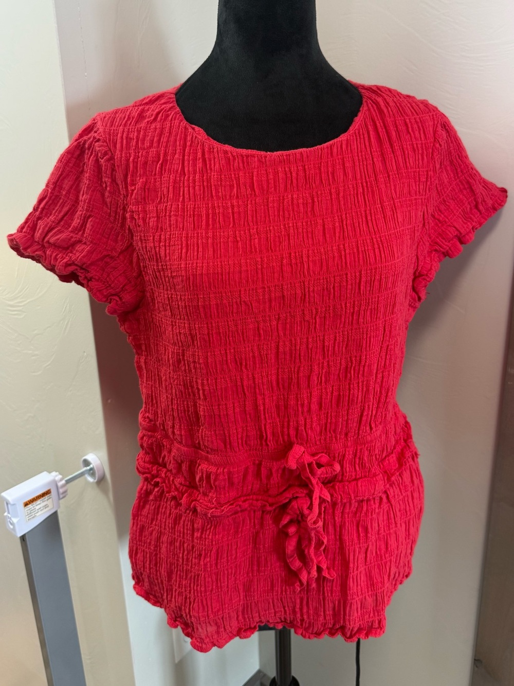 Bohme Anya Textured Short Sleeve Blouse Top Red Cotton Scoop Neck Tie Detail